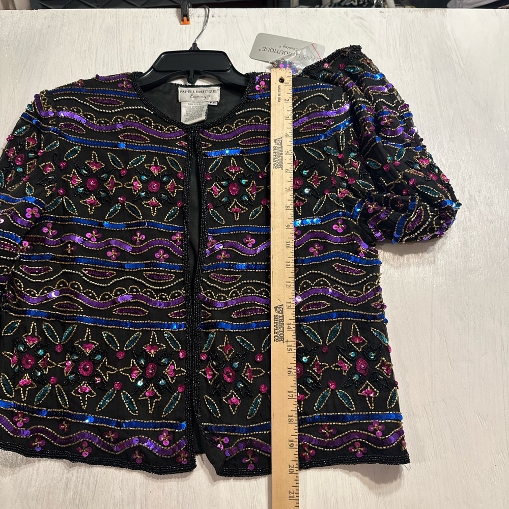 Papell Boutique Evening Beaded Silk Jacket PM Black Purple Blue Gold Sequins NWT - Picture 5 of 9
